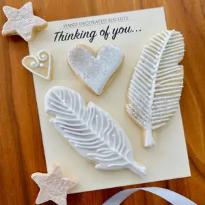 white feather iced letterbox biscuit