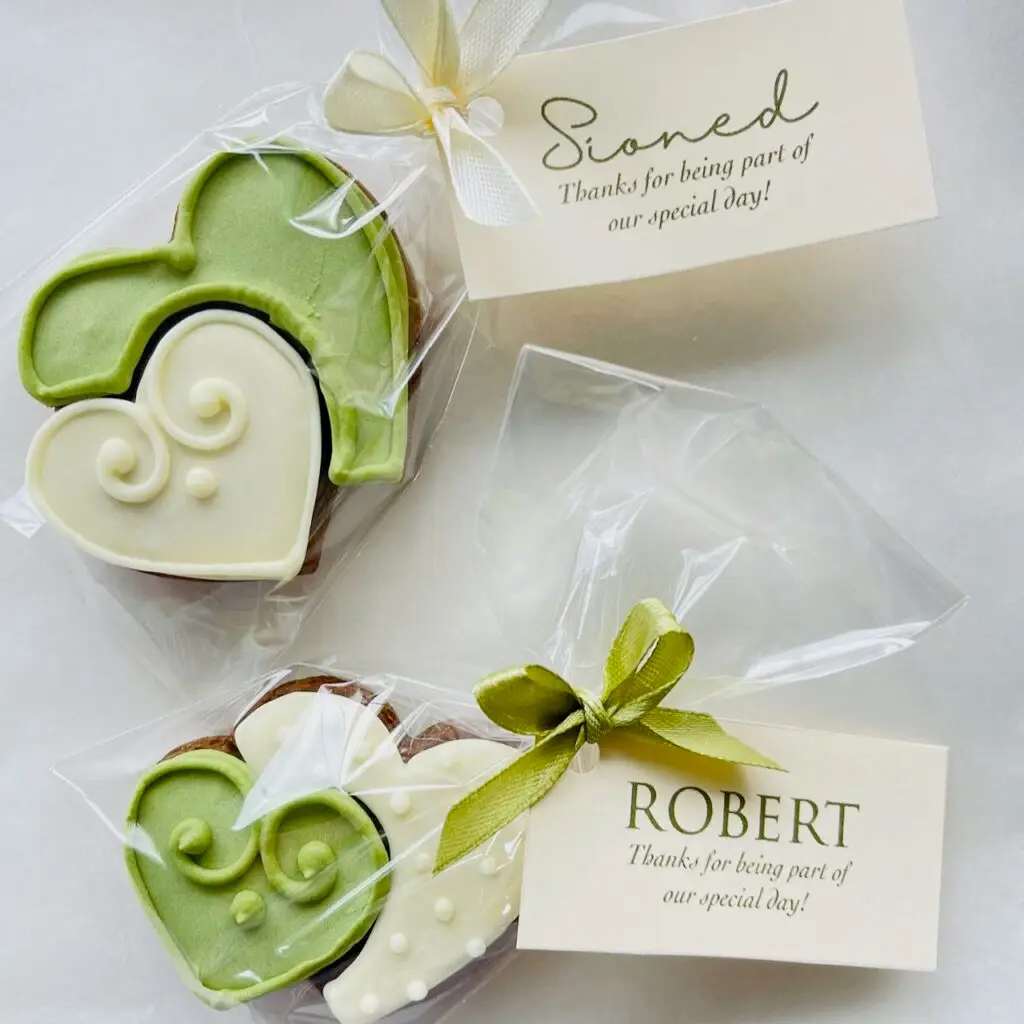 wedding favour heart biscuits wedding colour sage personalized tags